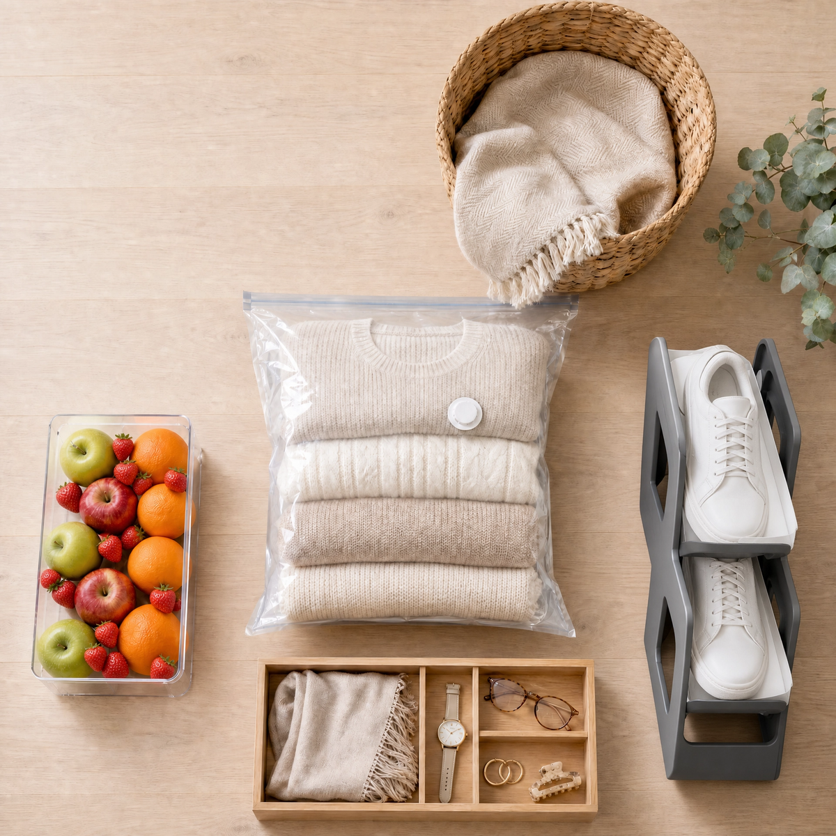 Accessoires utiles de rangement pour la maison un bac de fruit un panier en osier un organisateur de tiroir un sac sou vide
