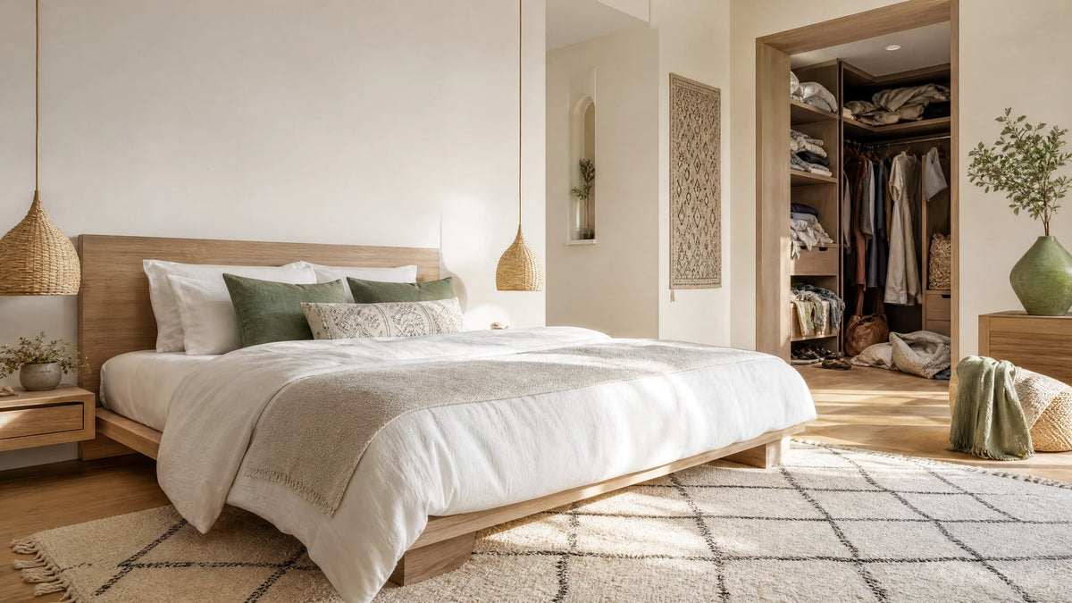 chambre scandinave avec une touche marocaine dans les ton blanc beige ecru avec un dressing en desordre qui montre le contraste entre la propreter et le rangement
