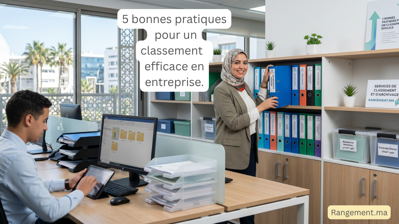 Bureau professionnel optimisé à Casablanca montrant un classement documentaire et un archivage efficace en entreprise par rangement.ma
