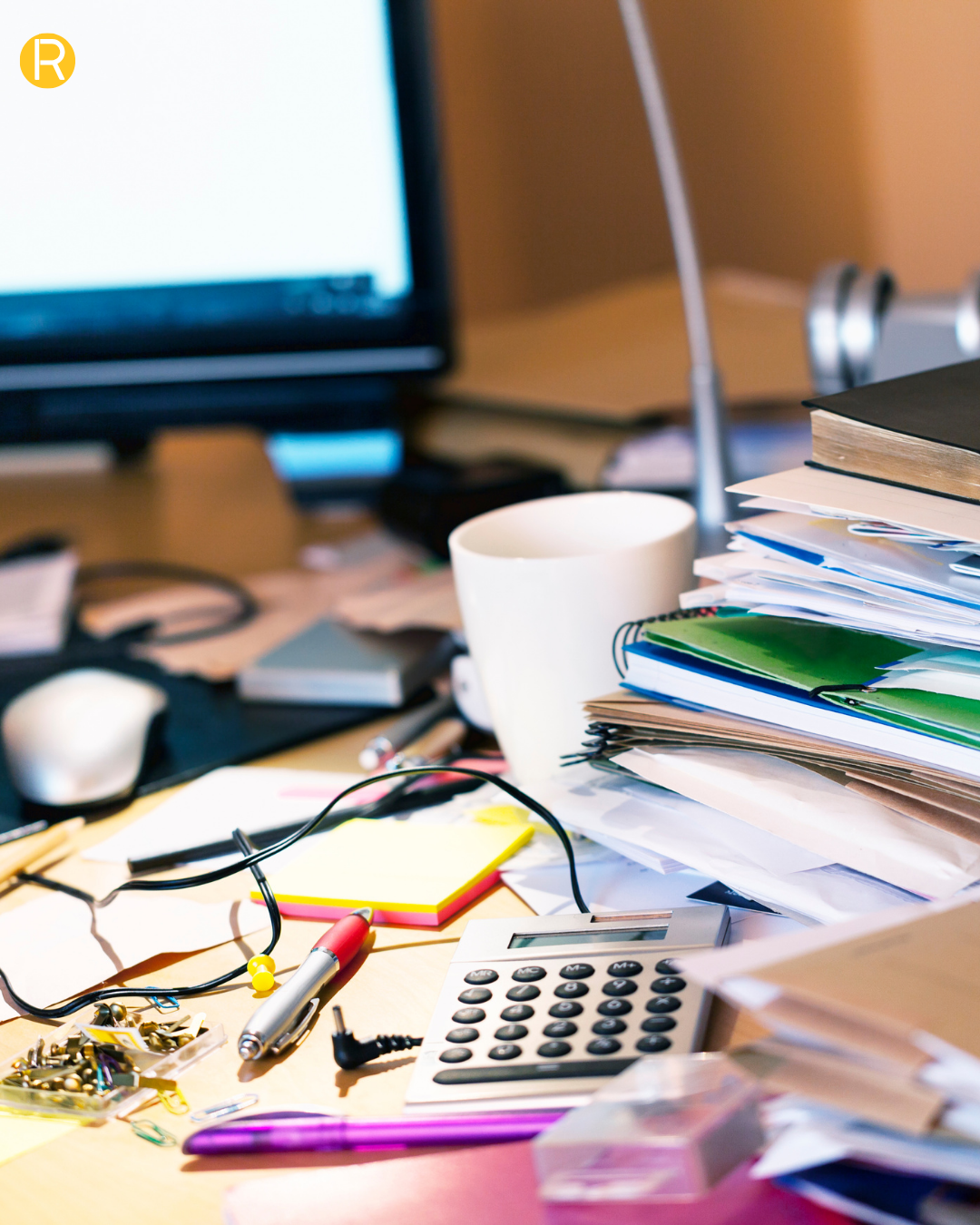 bureau désordonné plein de papier sur le bureau une tasse de café, câbles, stylos, représentant le bazar sur un bureau