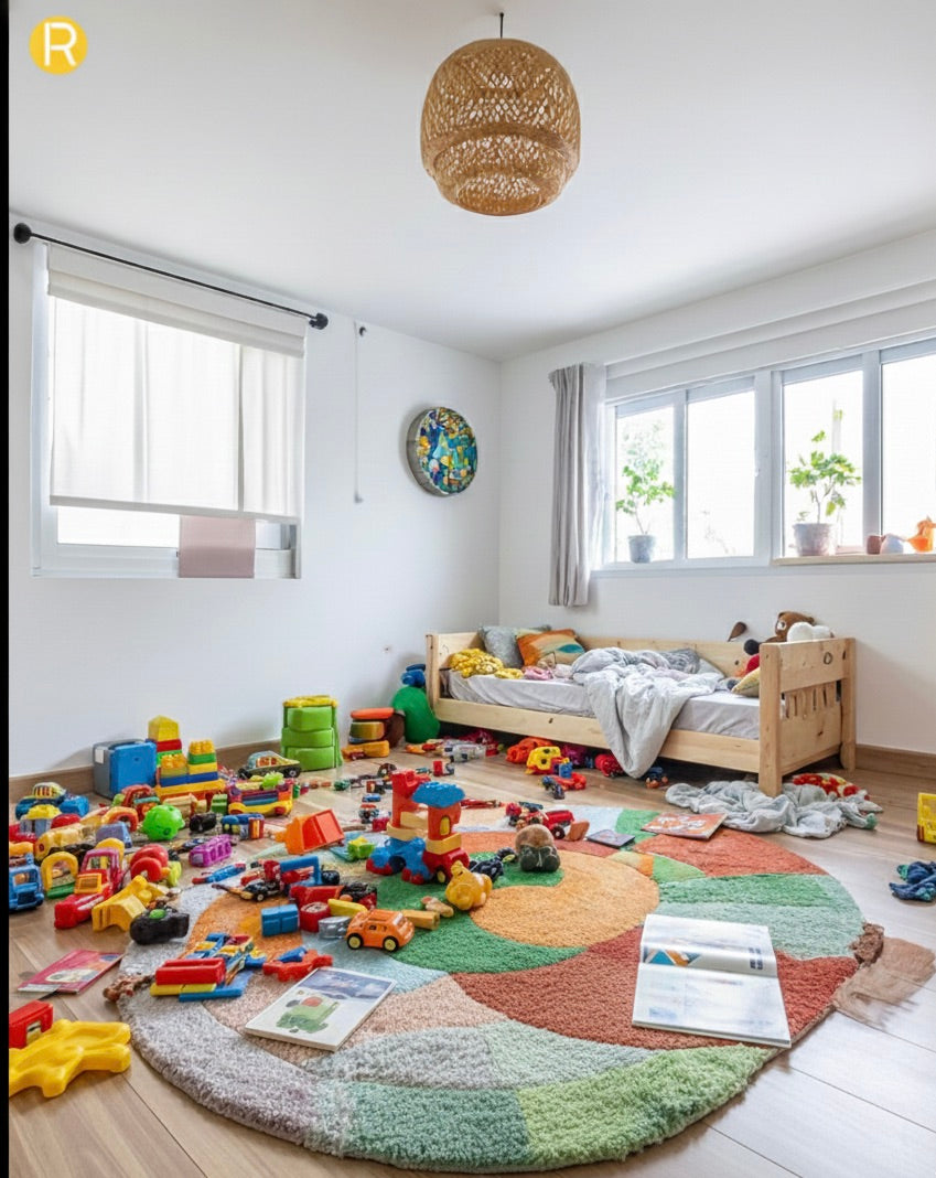 chambre enfant avec des jouet au sol mal rangé  un lit mal rangé  et des livres partout qui donne une impression de désordre 