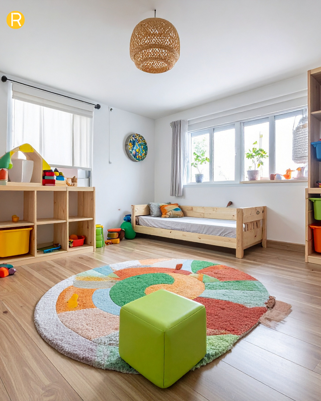 Une chambre d enfant après des services de rangement home organiser un lit bien ranger des jouet dans des boites un jolie tapie et des bac de rangement dans un placard