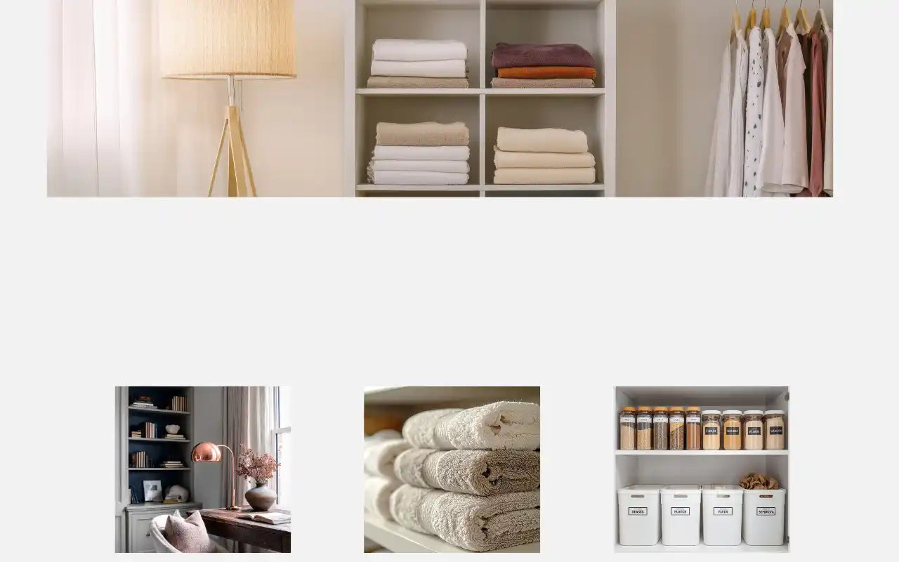 placard de dressing bien rangé avec des pulls blanc et des chemises une grande lampe beige diffuse une lumière douce