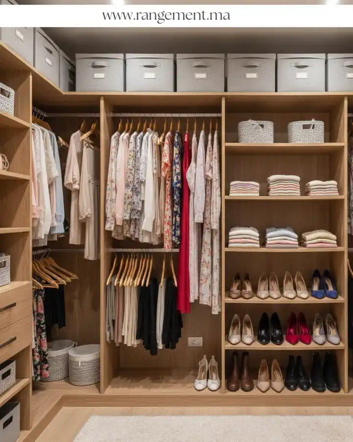 rangement de dressing dans un placard élégant  avec des pull bien plié et des chaussures sur étagères 